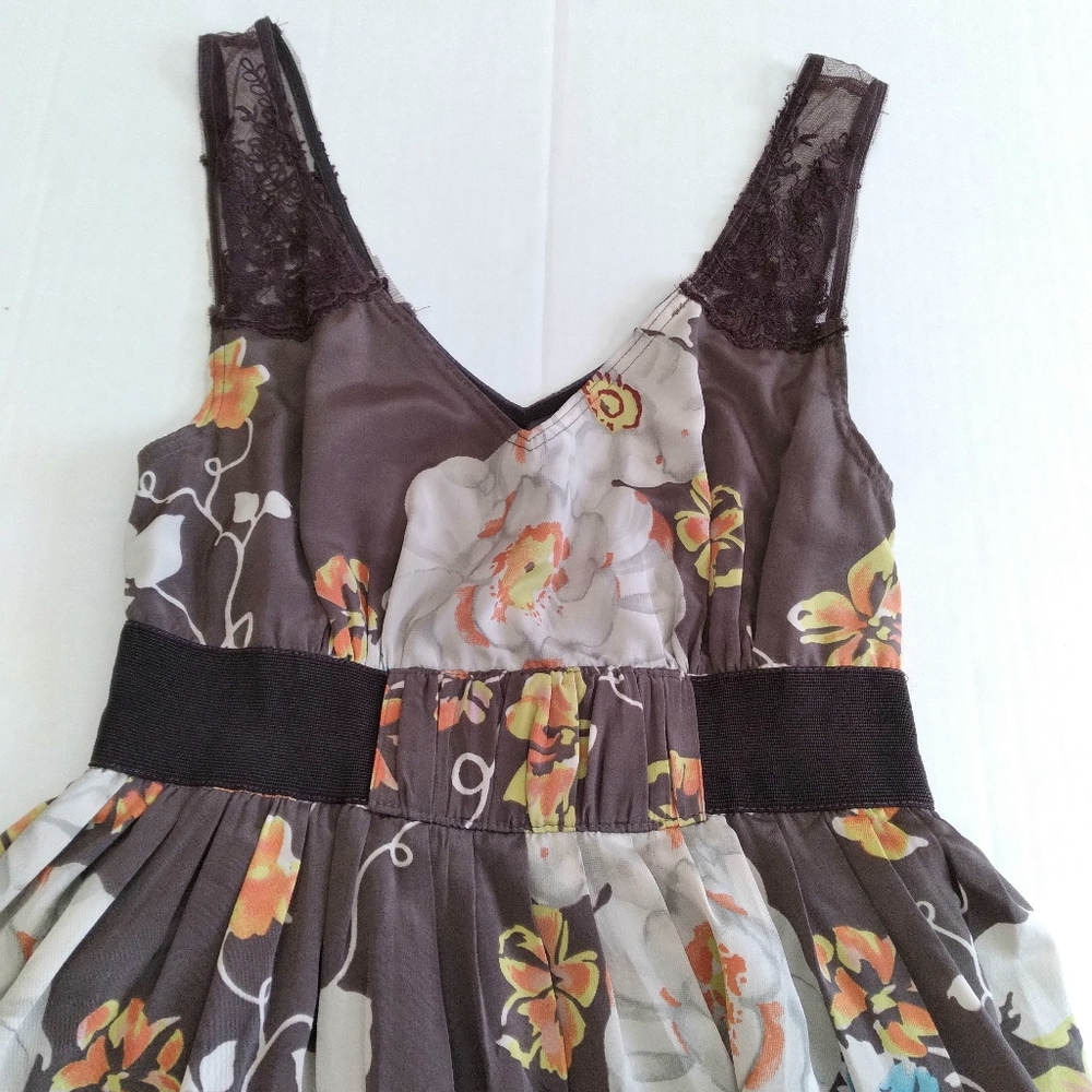 Free People Lace Strap Sleeveless Floral A-line Dress Brown Multi Tulle Trim 2 - Picture 5 of 13